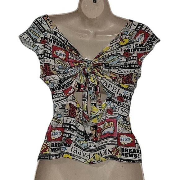 Newspaper Comic Print Twist Front Halter Top‎ Sleeveless Sexy Going Out L retro - Picture 3 of 6
